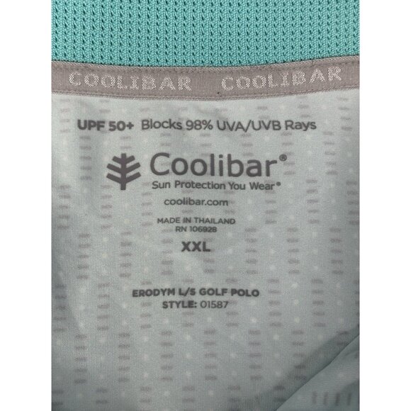 NWT Coolibar Erodym LS Golf Polo Shirt Mens 2XL Teal Graphic AOP Stretch UPF 50+ - Picture 4 of 15
